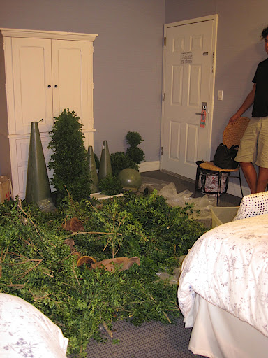 Here's the hotel room as we finalized the topiaries and did some last-minute pruning.