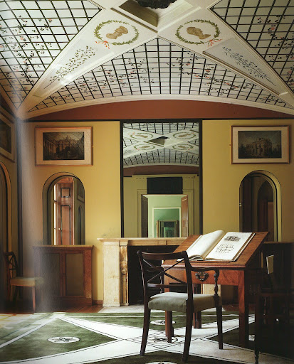 The recently restored library of Sir John Sloane's country villa, Pitzhanger Manor, designed in 1800, features a palette of subdued greens and buffs, colors believed to be sympathetic to contemplative pursuits. The arched niches and starfish vaulted ceiling that articulate the room exemplify Sloane's liberated brand of classicism. (Regency Redux, Rizzoli) The recently restored library of Sir John Sloane's country villa, Pitzhanger Manor, designed in 1800, features a palette of subdued greens and buffs, colors believed to be sympathetic to contemplative pursuits. The arched niches and starfish vaulted ceiling that articulate the room exemplify Sloane's liberated brand of classicism. (Regency Redux, Rizzoli)