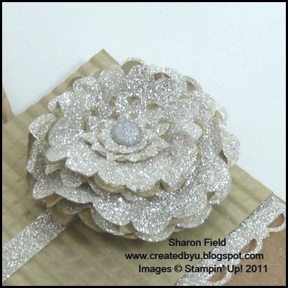 Silver_Glimmer_Paper, Pretty_Paper_flowers, tutorial, scrunch flower, 3d, gift bag, technique, tips, punches, metallic_Brads, sharon_field, Createdbyu_blogspot, Gifts, Gift_bag, Wedding, Flowers, Birthday, Anniversary