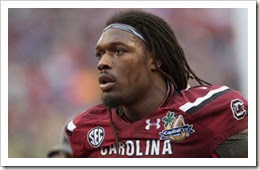 Jan 1, 2014; Orlando, FL, USA; South Carolina Gamecocks defensive end Jadeveon Clowney (7) runs off the field after the second quarter of the Capital One Bowl against the Wisconsin Badgers held at the Florida Citrus Bowl. Mandatory Credit: Rob Foldy-USA TODAY Sports Jan 1, 2014; Orlando, FL, USA; South Carolina Gamecocks defensive end Jadeveon Clowney (7) runs off the field after the second quarter of the Capital One Bowl against the Wisconsin Badgers held at the Florida Citrus Bowl. Mandatory Credit: Rob Foldy-USA TODAY Sports
