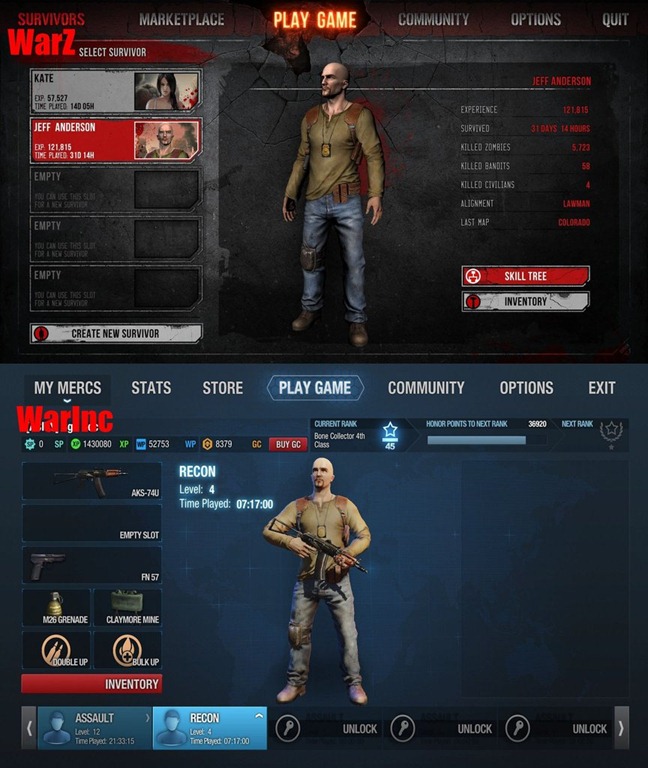comparaison du menu warz/war inc