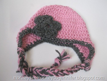 pink and gray hat with flower and earflaps (1)