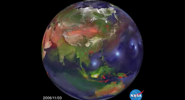 This video still shows aerosol emission and transport from 1 September 2006 to 10 April 2007. Also included are locations, indicated by red and yellow dots, of wildfires and human-initiated burning as detected by the MODIS instrument on NASA's Terra and Aqua satellites. Graphic: NASA Goddard Space Flight Center