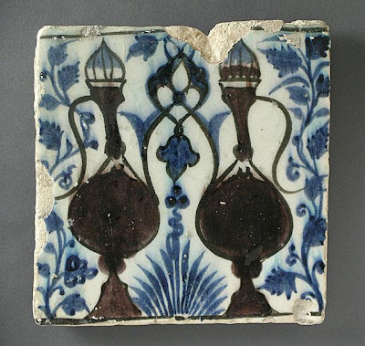 Tile | Origin: Syria or Egypt | Period: 15th century | Collection: The Madina Collection of Islamic Art, gift of Camilla Chandler Frost (M.2002.1.119) | Type: Ceramic; Architectural element, Fritware, underglaze-painted, 8 3/8 x 8 1/4 in. (21.27 x 20.95 cm)