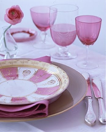 The glasses are Victorian, circa 1880: two goblets with trailed glass on them, and a red-wine wineglass. (Martha Stewart Living)