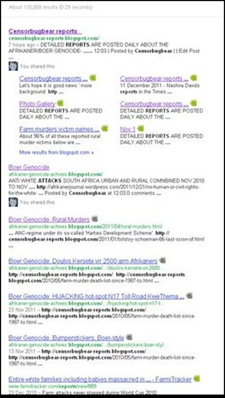 Censorbugbear reports Google hits Dec 23 2011