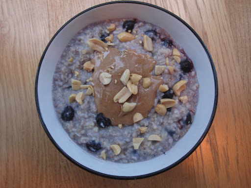 WEDNESDAY: PB&J oatmeal is a great way to go (as long as you're not packing a PB&J sandwich for lunch): Reheat the oatmeal with skim milk and frozen blueberries, then top with a dollop of peanut butter and sprinkle with chopped peanuts.
