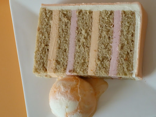 This cake was actually vegan, with orangeblossom icing between each layer. We thought it would pair perfectly with orange sherbet.