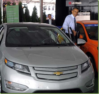 (caption info) --  President Barak Obama exits out of the Chevrolet Cruze, Thursday July 14, 2010, prior to a ground breaking for the Compact Power Inc. advanced battery plant in Holland, Mich.  (The Detroit News / Steve Perez)