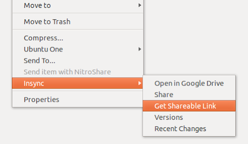 Insync su Ubuntu menu contestuale