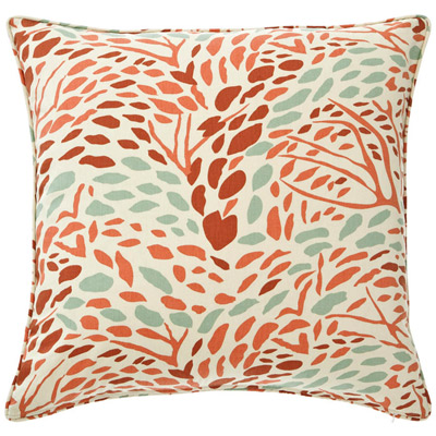 The print on this pillow looks like an abstract forrest. The contrast is great between the shades of coral and seafoam green. (pineconehill.com) The print on this pillow looks like an abstract forrest. The contrast is great between the shades of coral and seafoam green. (pineconehill.com)