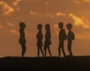 The main cast of characters walking home from school, silhouettes against the evening sky