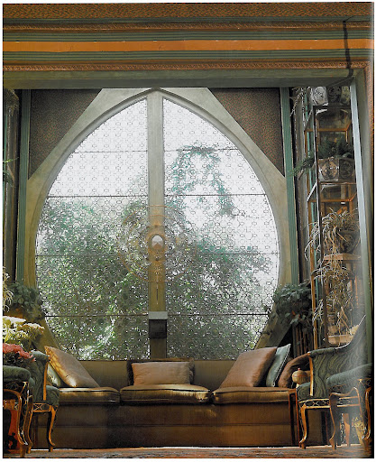 The Treehouse Room in one of Duquette's homes was built after Tony purchased two elliptical leaded-glass overdoors from a restaurant at the old Metropolitan Opera House in New York City.