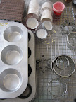 A gathering of equipment and wrappers for the various baked goodies!