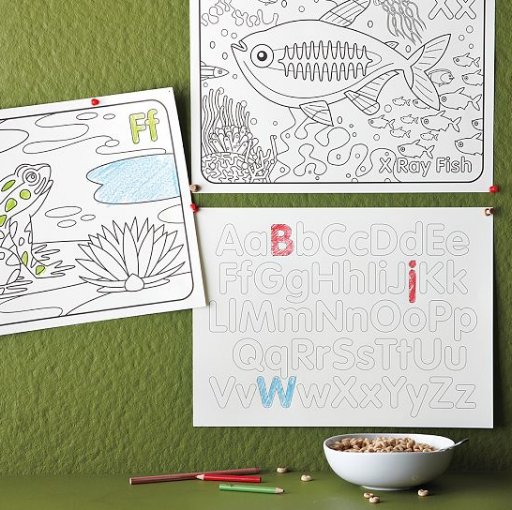 Coloring Placemat.
$25 for set of $26 sheets, westelm.com.
