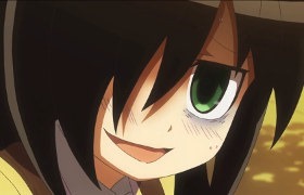 Tomoko straining to smile, looking tired, haggard, and anxious