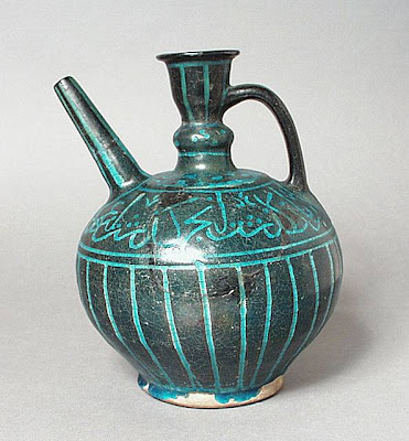 Ewer Iran, Kashan Ewer, 13th century Ceramic; Vessel, Fritware, underglaze-painted, 8 3/8 x 5 5/16 in. (21.27 x 13.46 cm) The Nasli M. Heeramaneck Collection, gift of Joan Palevsky (M.73.5.293) Art of the Middle East: Islamic Department.