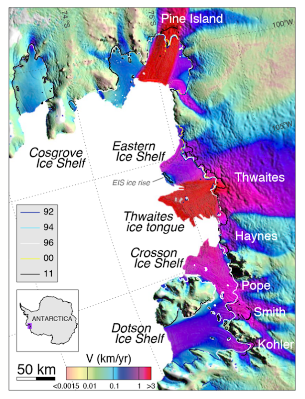 Velocity of the Amundsen Sea Embayment (ASE) sector of West Antarctica derived using ERS-1/2 radar data in winter 1996 with a color coding on a logarithmic scale and overlaid on a MODIS mosaic of Antarctica. Interferometrically-derived grounding lines of the glaciers are shown in color code for years 1992, 1994, 1996, 2000, and 2011, with glacier and ice shelf names. Note that for Pine Island and Smith/Kohler, the ﬁgure merges two independent diﬀerential interferograms to show a more complete spatial coverage of grounding lines. Graphic: Rignot, et al., 2014