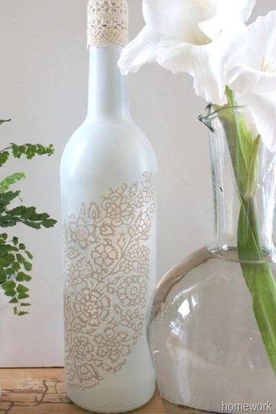 White & Ecru Lace Stenciled Bottle via homework (5)