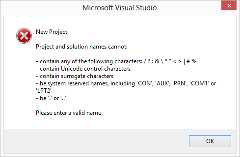Caratteri non consentiti in una nuova soluzione di Visual Studio