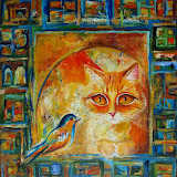 SPRZEDANY: Kot i ptak na oknie - z cyklu koty i ptaki - Mantykora. Akryl na płótnie; wymiary: 50x45cm