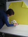 Matthew places the bouquet on set.