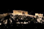 A view of the Acropolis at night.