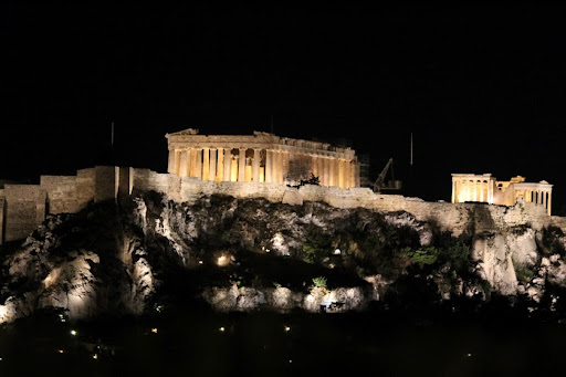 A view of the Acropolis at night.