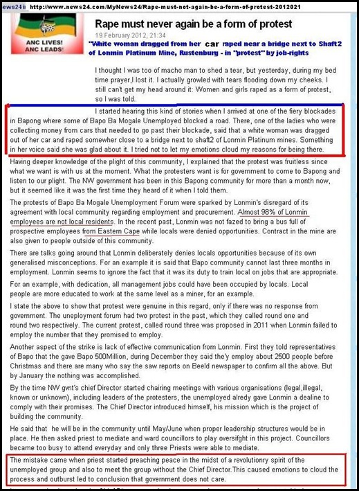 BLACK RACIST JOB RIGHTS PROTESTORS RAPE WHITE WOMAN IN PROTEST LONMIN PLATINUM MINE RUSTENBURG FEB 19 2012