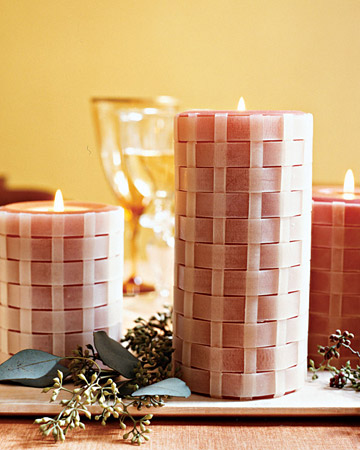 Transform basic pillar candles with strips of beeswax and a simple under-and-over weave.