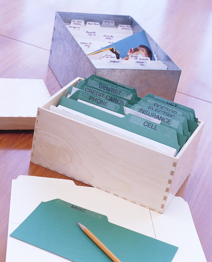 Create a custom Rolodex by cutting file folders to make index dividers.