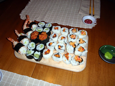 From the left: Shrimp Nigiri, cucumber roll, spicy tuna battleship pieces, spicy tuna, spicy crab