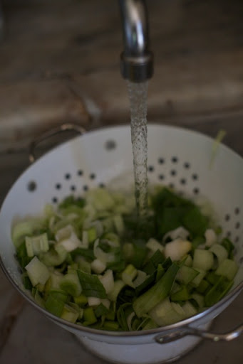 Rinsing the freshly chopped veggies.