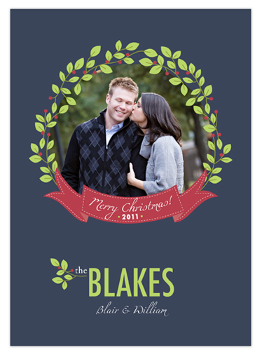 What I love about this card is that the wreath circles around the photo. Family Wreath Holiday Photo Card, price upon request, Indigo Prints, http://www.indigoprints.com/.