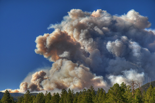 Smoke plume from the Schultz fire, June 20, 2010 in East Flagstaff, AZ, U.S. The Schultz fire started on Father's Day 2010. It was the second major wildfire to break out in as many days in this mountain town. In its first 24-hours, the Schultz fire consumed more than 5,000 acres and forced the evacuation of 750 homes north of Flagstaff. The smoke plume rose thousands of feet into the sky and loomed over Flagstaff much of the day. Bill Ferris