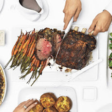 Standing Rib Roast, Spinach-Porcini Stuffing, Irish Whiskey Gravy, and Horseradish Cream