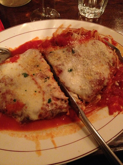 Chicken Parm with corn spaghetti. I had to cut it in half it was so big. And yummy!