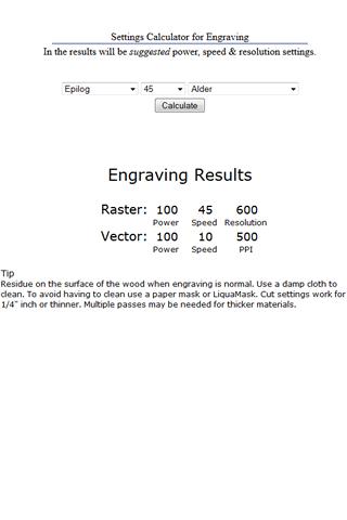 Android application Laser Engraving Calculator screenshort