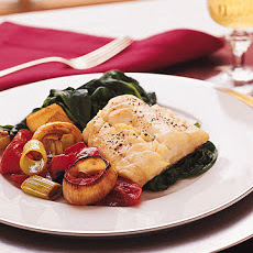 Roast Cod with Leeks, Tomatoes, and Spinach