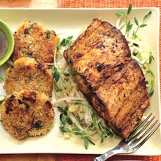 Mahi-Mahi with Lemongrass Slaw and Rice Fritters