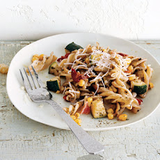 Zucchini, Corn, and Basil Fusilli with Bacon