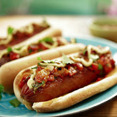 New York Street Cart Dogs with Onion Sauce and Grilled Red Pepper Relish