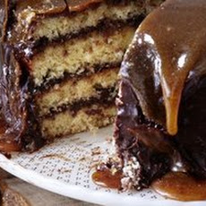 Yellow Cake with Chocolate Frosting and Caramel Top