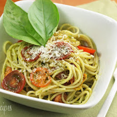 Spaghetti with Garlic Scape Pesto with Tomatoes