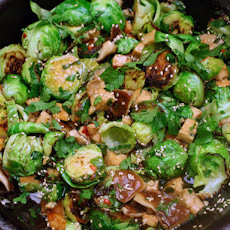 Sweet and Spicy Brussels Sprouts with Tofu and Shiitake Mushrooms