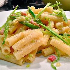 Penne Carbonara with Julienne of Snow Peas