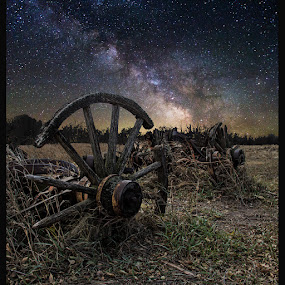 Wagon Decay  by Aaron Groen - Landscapes Nightscapes ( forgotten series, stars, wagon wheel, wagon, south dakota, milky way stars, astrophotography, milky way and decay, wagon decay resized and border added to work on pixoto, decay, milky way )