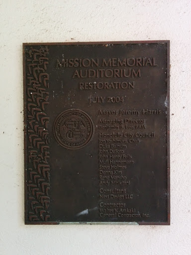 Mission Memorial Auditorium Plaque 