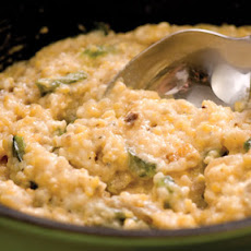 Horseradish Cheese Grits with Confetti of Roasted Poblano Peppers and Red Onions