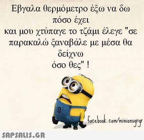 Εβγαλα θερμόμετρο έξω να δω ποσο εχει και μου χτύπαγε το τζάμι έλεγε σε παρακαλώ ςαναβάλε με μέσα θα οειχνω όσο θες ! acebook.Com minionsqrqr